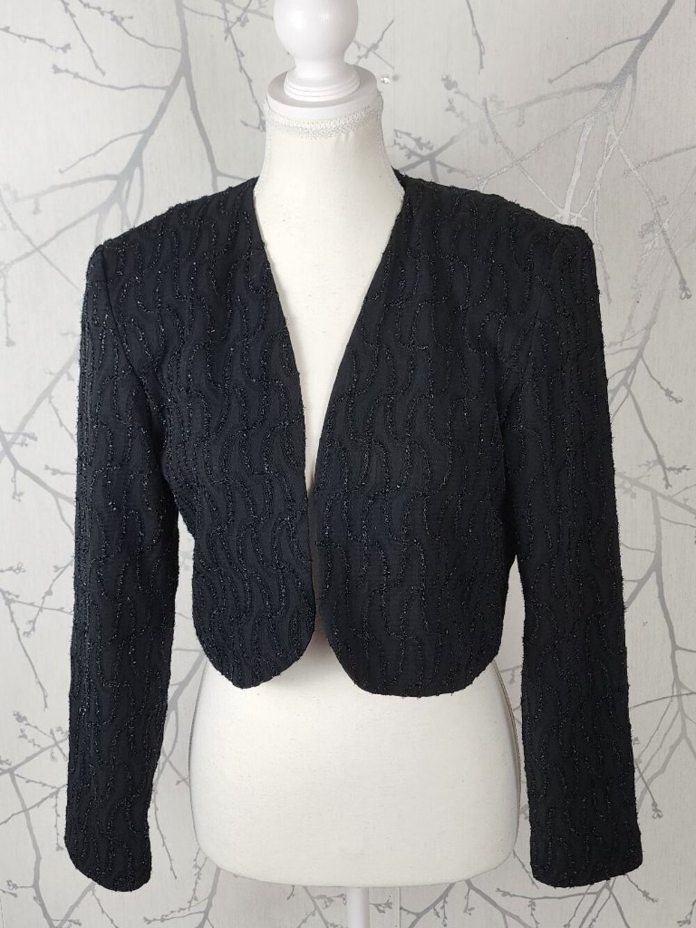 Tosca Black Metallic Textured Open Front Cropped Bolero Jacket